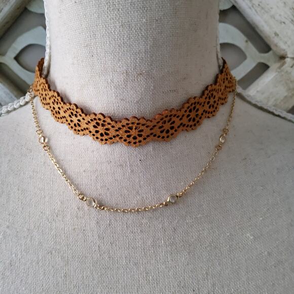 Handmade Faux Leather Laser Cut Layered Adjustable Choker Necklace - Picture 1 of 8